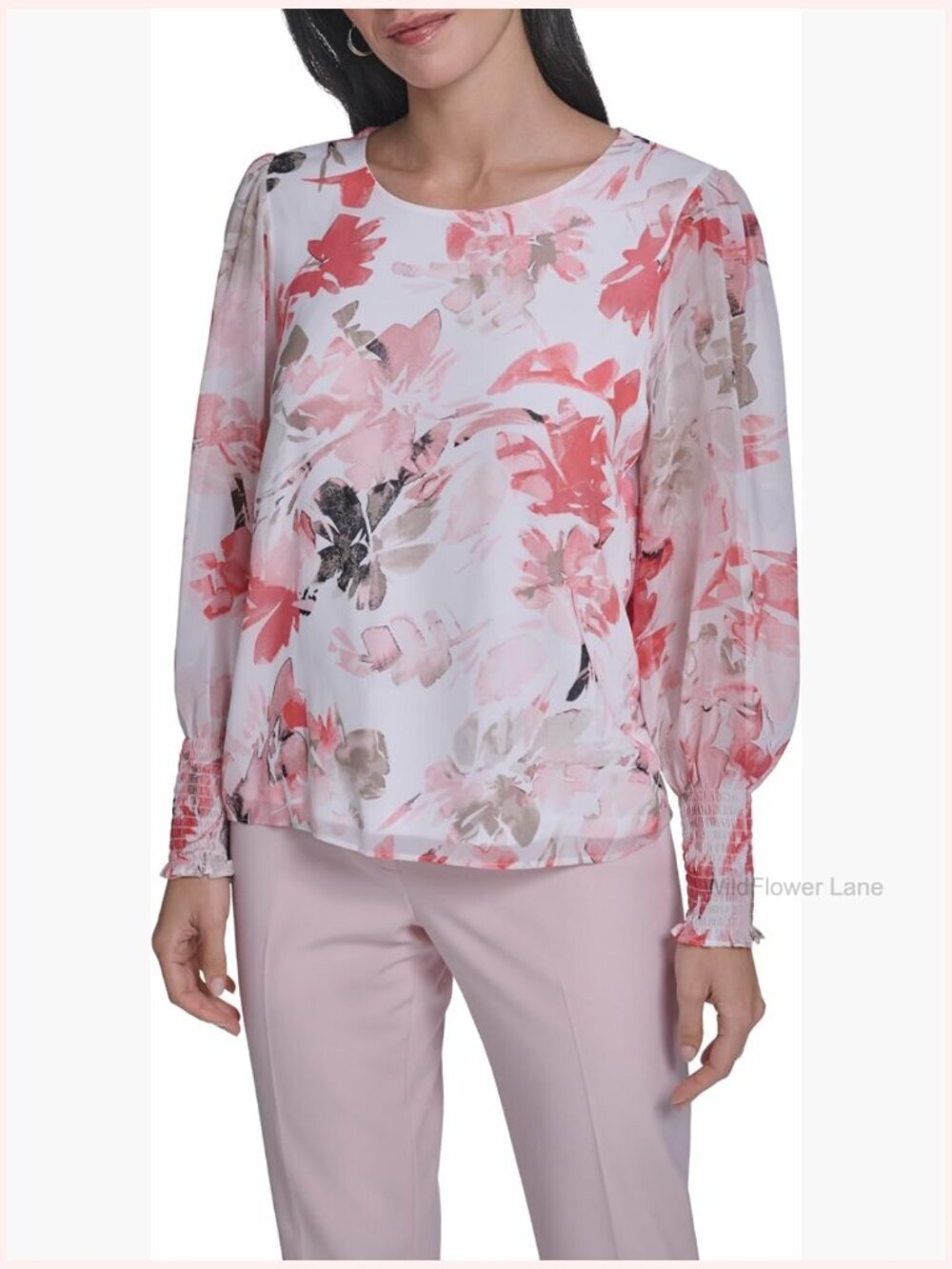 Mixed Media Long Sleeve Smocked Cuff Blouse - Regular Fit